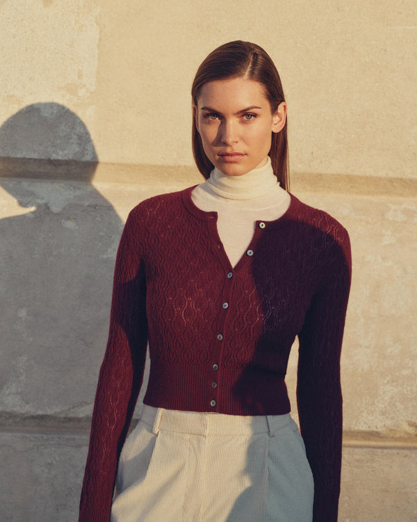 N.Peal Women's Lace Stitch Cashmere Cardigan Bordeaux Red