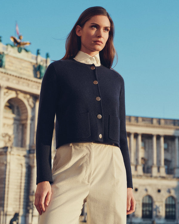 N.Peal Women's Collarless Jacquard Cashmere Jacket Navy Blue