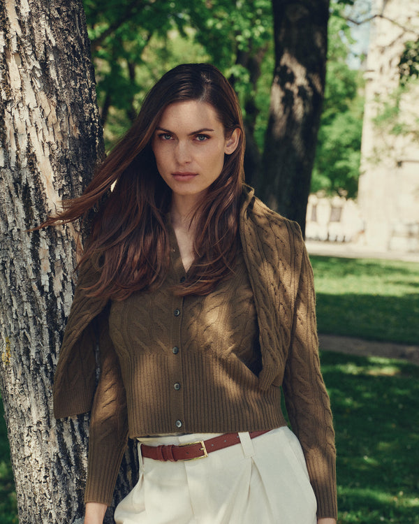 N.Peal Women's Myla Cable Cashmere Cardigan Cinnamon Brown