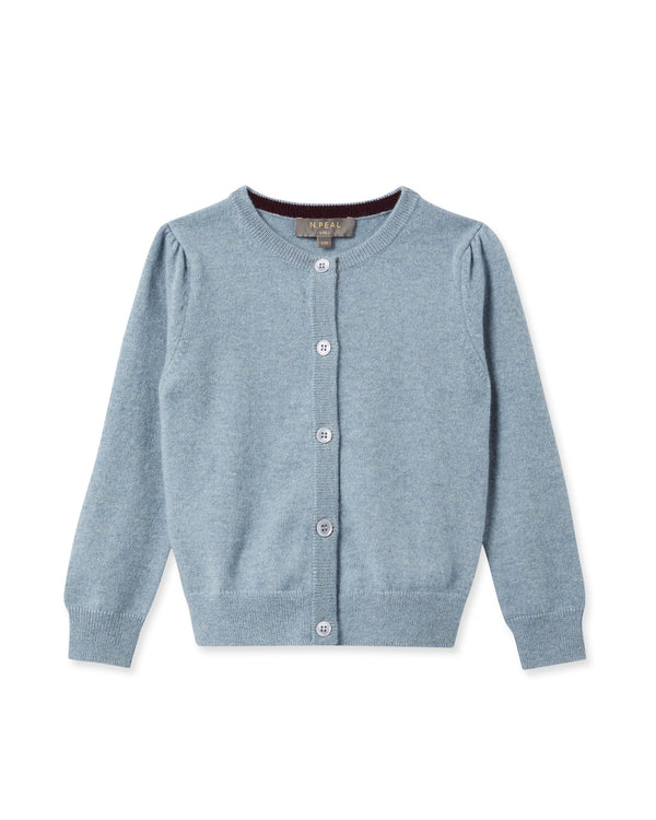 N.Peal Girls Round Neck Cashmere Cardigan Heather Blue