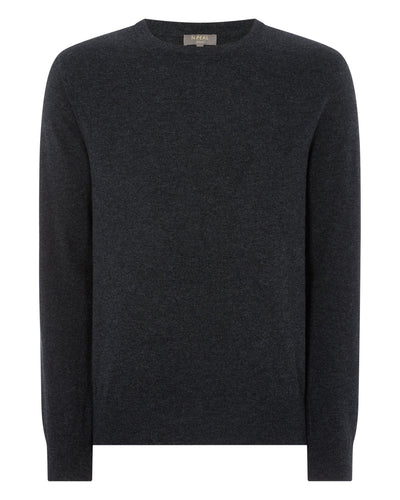 N.Peal Men's Oxford Round Neck Cashmere Jumper Dark Charcoal Grey