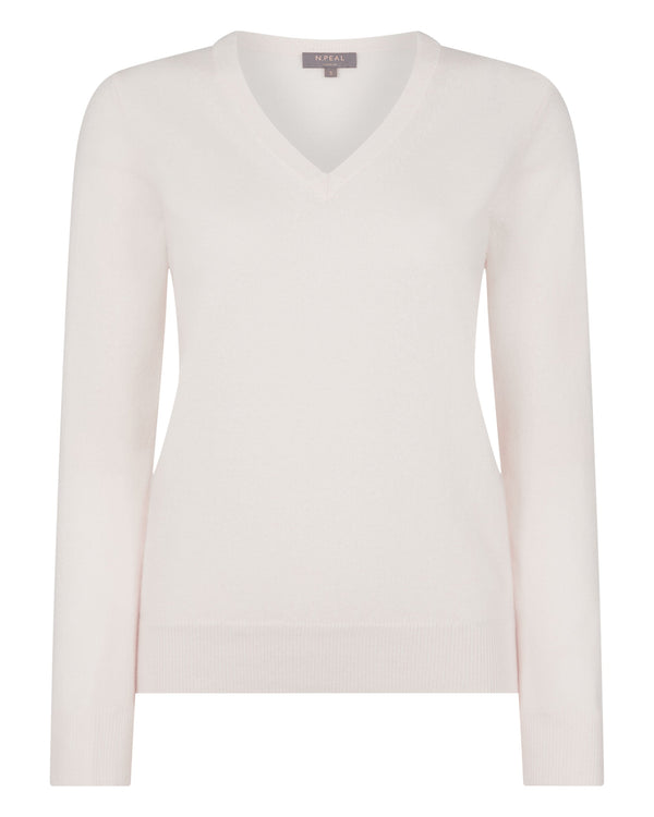 N.Peal Women's V Neck Cashmere Jumper New Ivory White