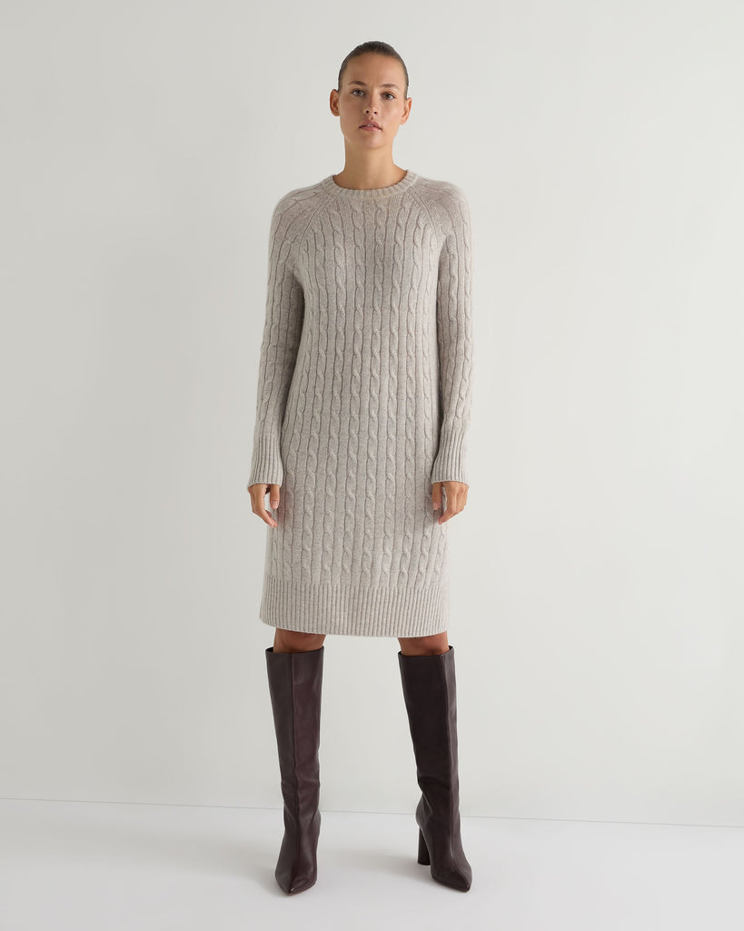 Women's Round Neck Cable Cashmere Dress Nougat Brown Marl | N.Peal