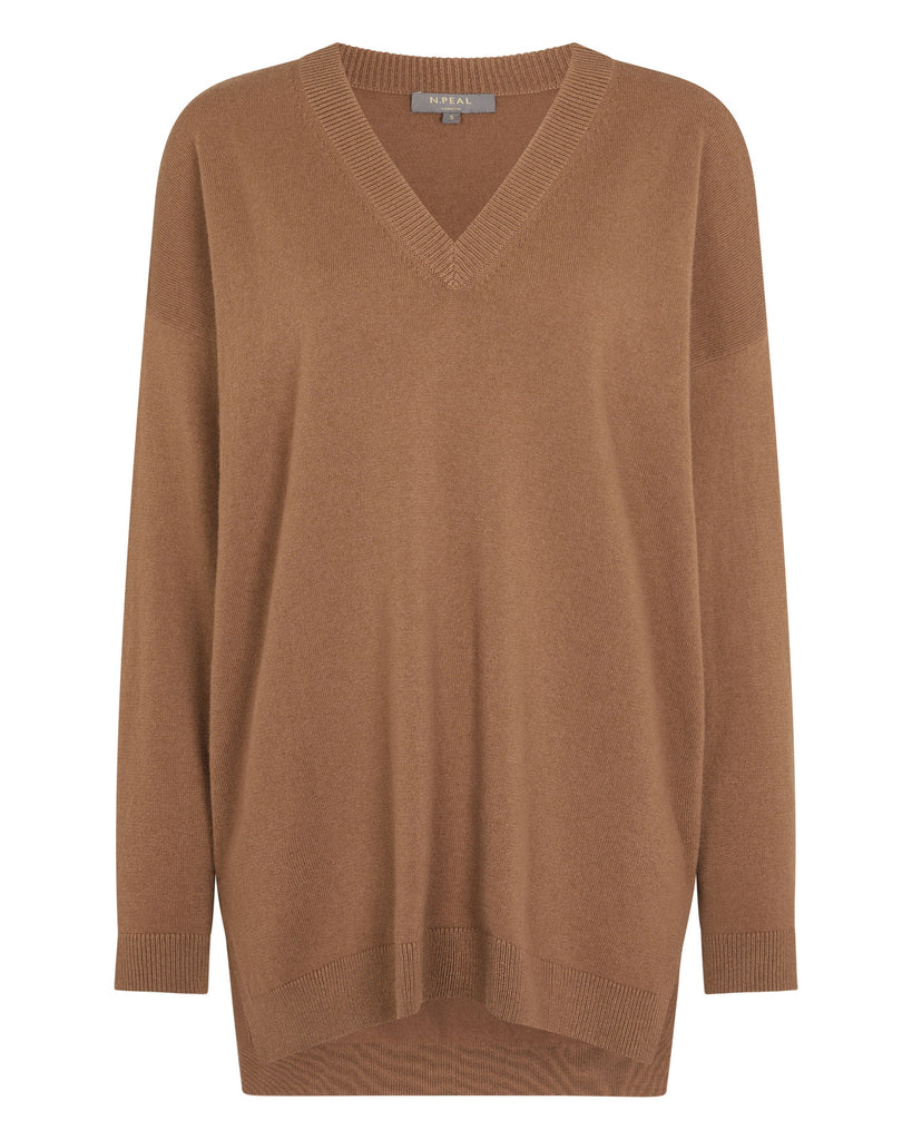 Women s Longline V Neck Cashmere Jumper Dark Camel Brown N.Peal