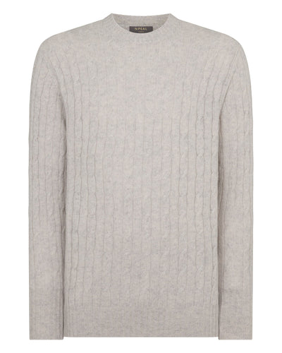 N.Peal Men's Thames Cable Round Neck Cashmere Jumper Nougat Brown Marl