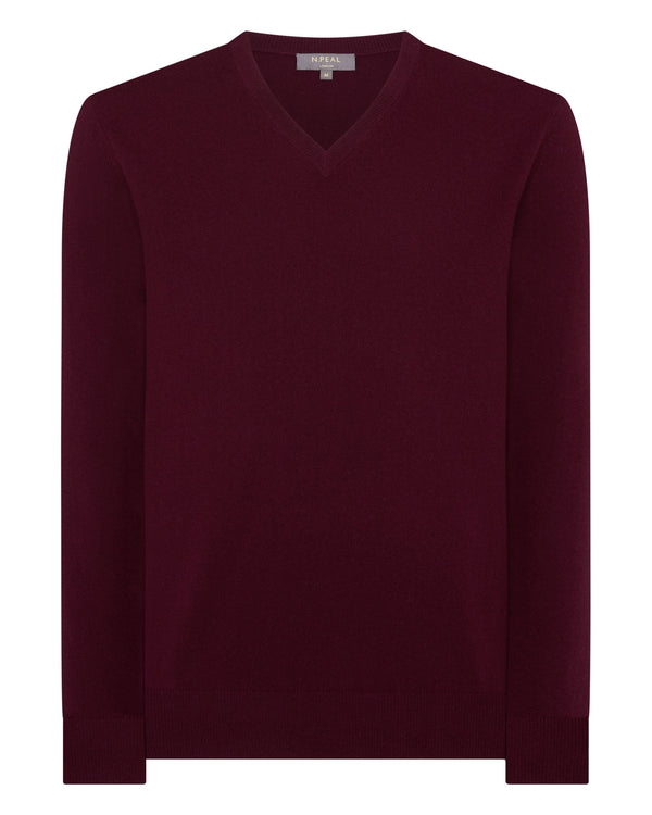 N.Peal Men's Burlington V Neck Cashmere Jumper Bordeaux Red
