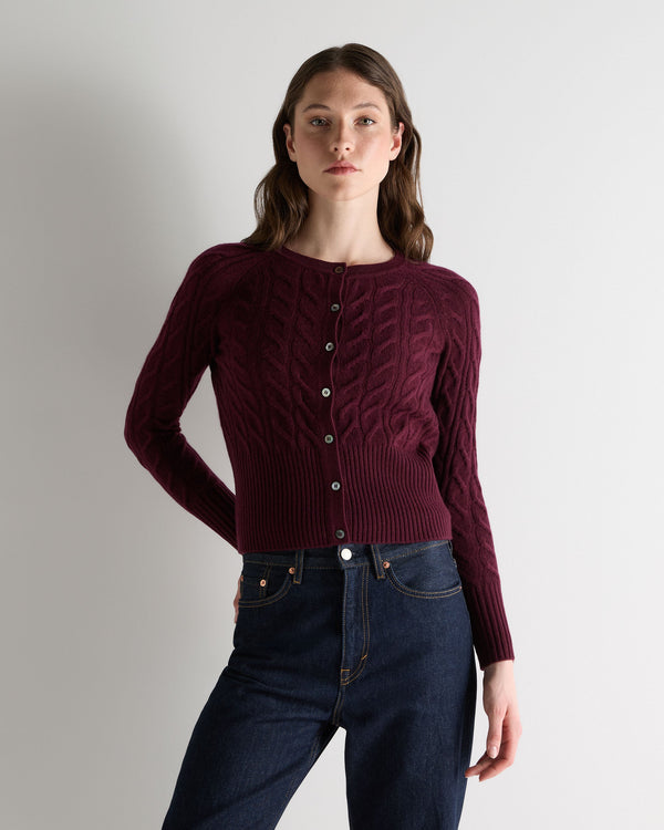 N.Peal Women's Myla Cable Cashmere Cardigan Bordeaux Red