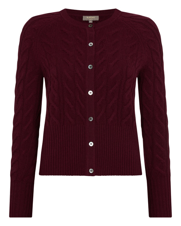 N.Peal Women's Myla Cable Cashmere Cardigan Bordeaux Red