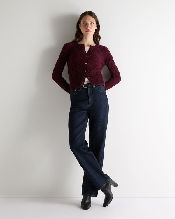 N.Peal Women's Myla Cable Cashmere Cardigan Bordeaux Red