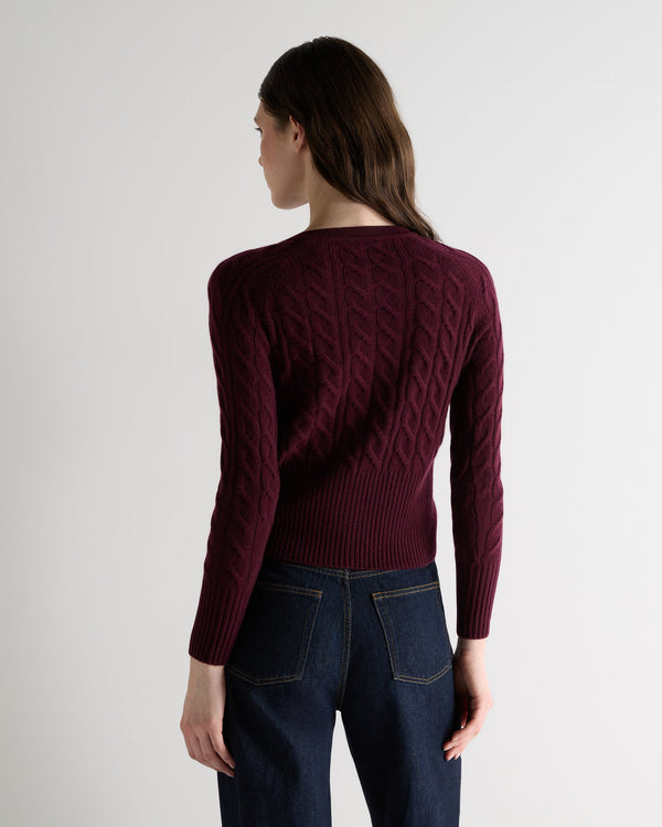 N.Peal Women's Myla Cable Cashmere Cardigan Bordeaux Red