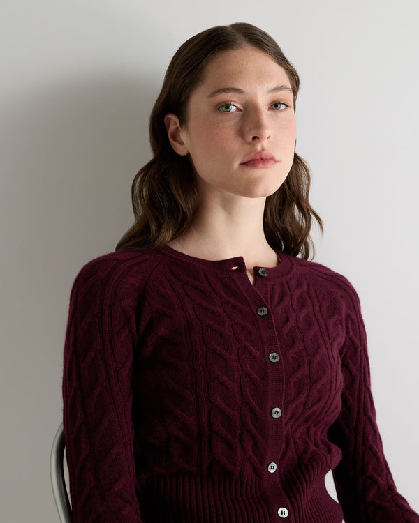 N.Peal Women's Myla Cable Cashmere Cardigan Bordeaux Red