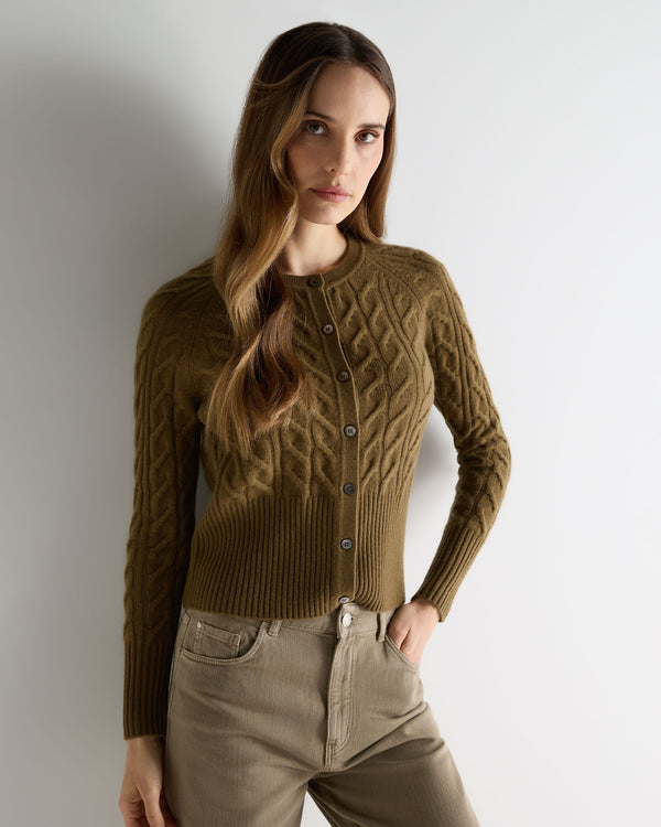 N.Peal Women's Myla Cable Cashmere Cardigan Cinnamon Brown