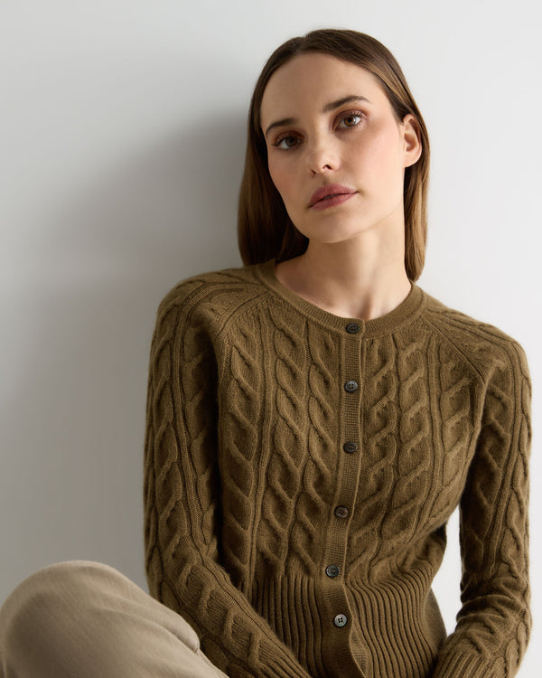 N.Peal Women's Myla Cable Cashmere Cardigan Cinnamon Brown