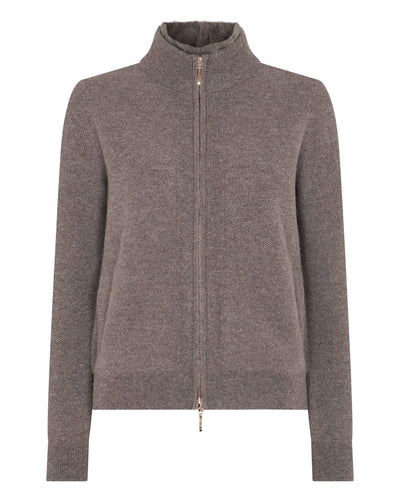 N.Peal Women's Honeycomb Full Zip Cashmere Jumper With Fur Trim Otter Brown