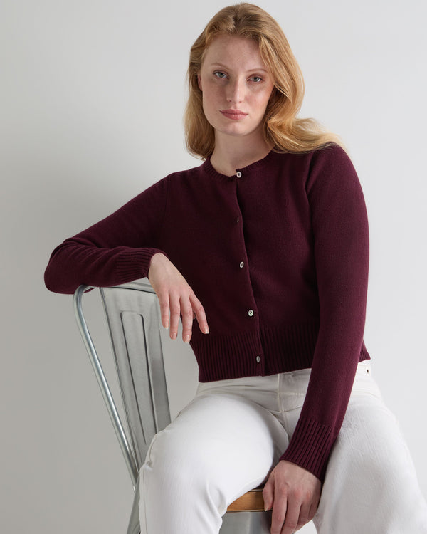 N.Peal Women's Chunky Crop Cashmere Cardigan Bordeaux Red