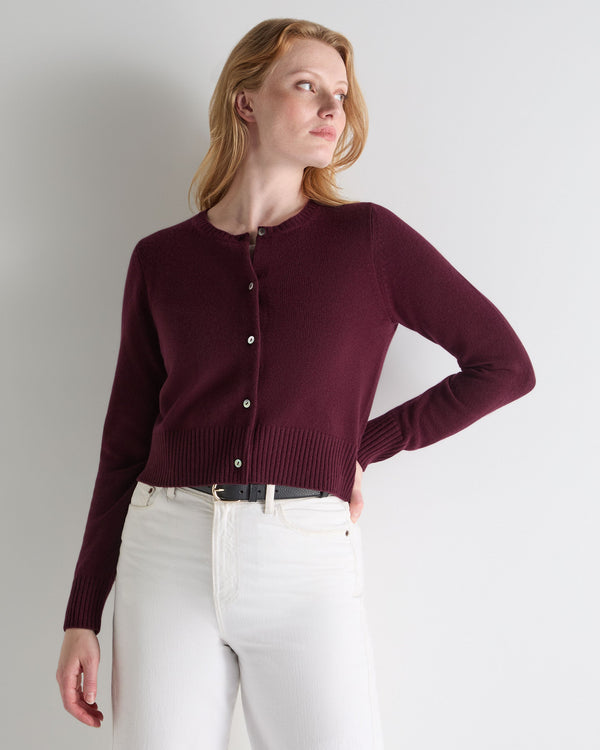 N.Peal Women's Chunky Crop Cashmere Cardigan Bordeaux Red
