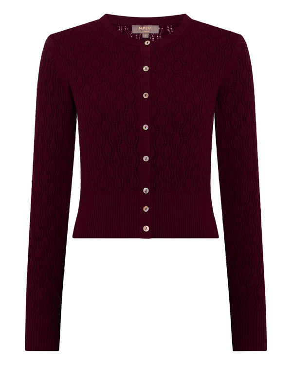 N.Peal Women's Lace Stitch Cashmere Cardigan Bordeaux Red