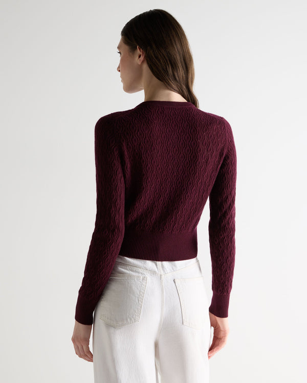 N.Peal Women's Lace Stitch Cashmere Cardigan Bordeaux Red