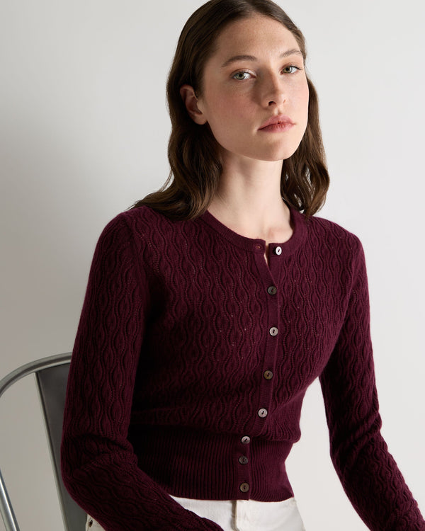 N.Peal Women's Lace Stitch Cashmere Cardigan Bordeaux Red