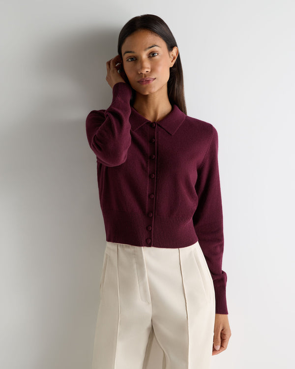N.Peal Women's Thea Collared Cashmere Cardigan Bordeaux Red