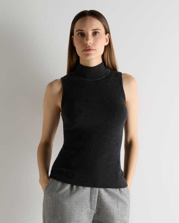 N.Peal Women's Turtle Neck Cashmere Tank Top With Metal Trim Deep Charcoal Grey