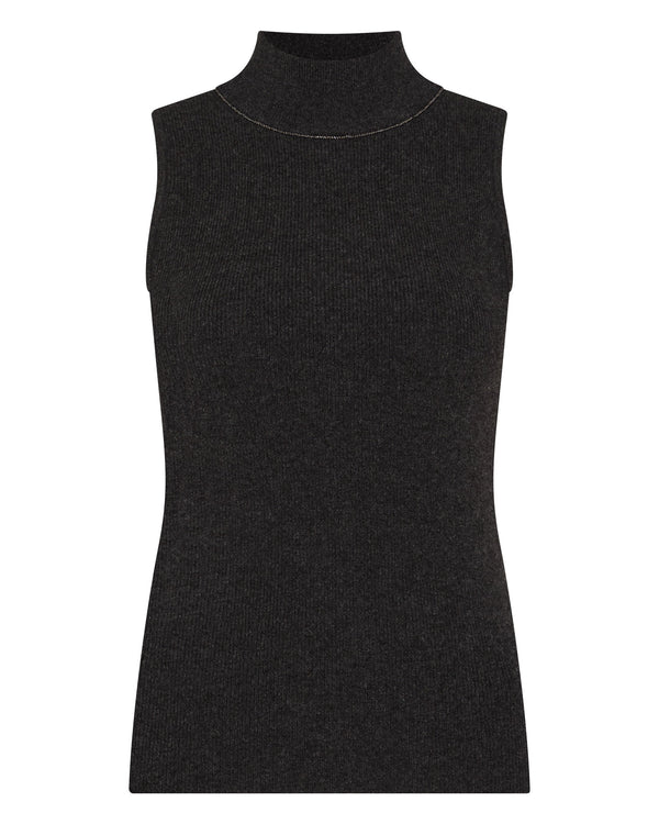 N.Peal Women's Turtle Neck Cashmere Tank Top With Metal Trim Deep Charcoal Grey