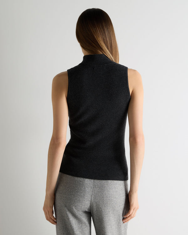 N.Peal Women's Turtle Neck Cashmere Tank Top With Metal Trim Deep Charcoal Grey