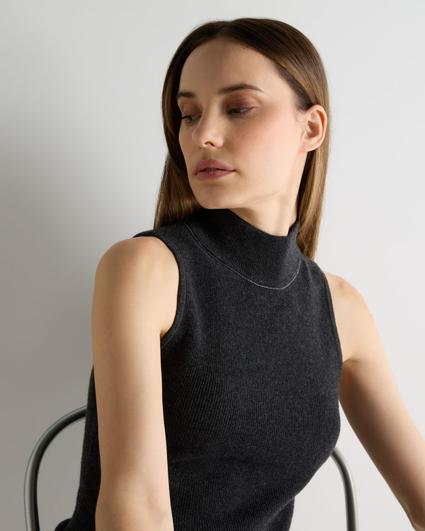 N.Peal Women's Turtle Neck Cashmere Tank Top With Metal Trim Deep Charcoal Grey
