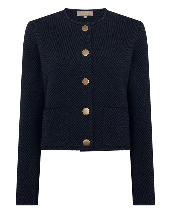 N.Peal Women's Collarless Jacquard Cashmere Jacket Navy Blue