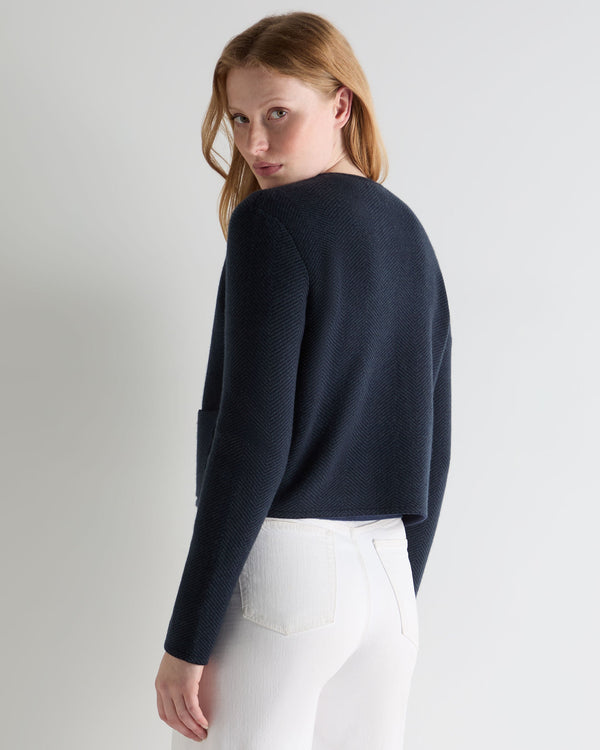 N.Peal Women's Collarless Jacquard Cashmere Jacket Navy Blue