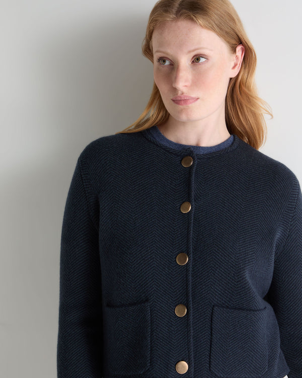 N.Peal Women's Collarless Jacquard Cashmere Jacket Navy Blue