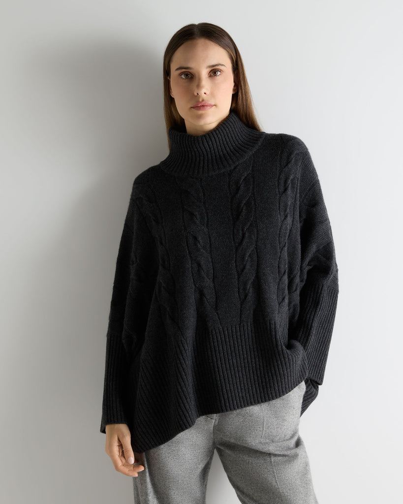 Women's Oversized Cable Cashmere Jumper Deep Charcoal Grey