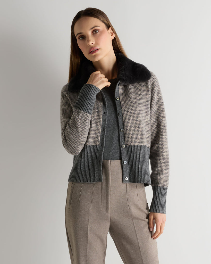 Women's Dogtooth Cashmere Cardigan With Fur Elephant Grey