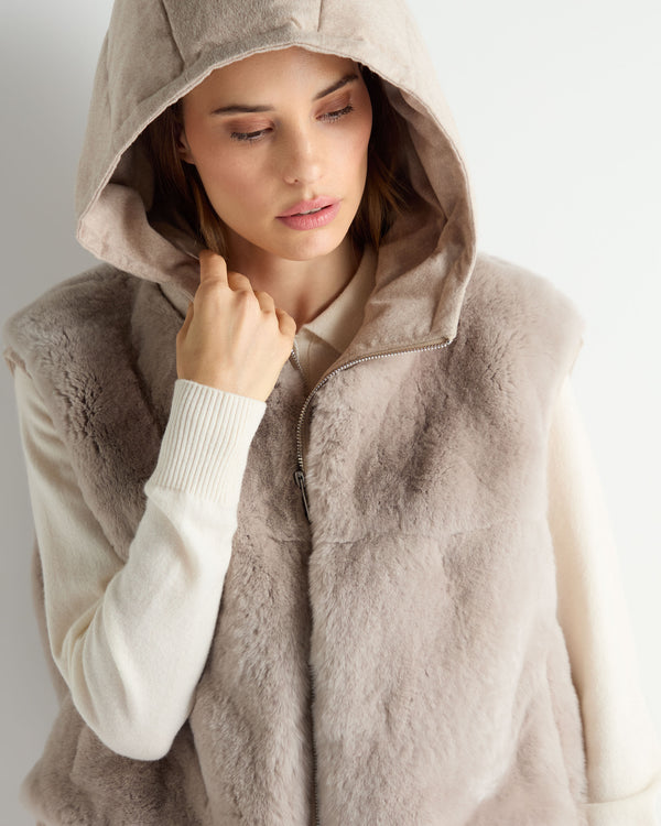 Women's Rex Fur Hooded Gilet Beige Brown