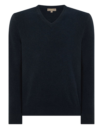 N.Peal Men's Burlington V Neck Cashmere Jumper Indigo Blue