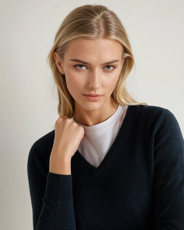 N.Peal Women's Phoebe V Neck Cashmere Jumper Indigo Blue