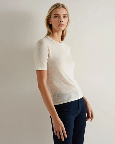 N.Peal Women's Linen Blend Round Neck Top New Ivory White