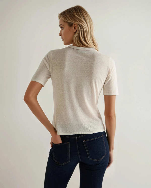 N.Peal Women's Linen Blend Round Neck Top New Ivory White