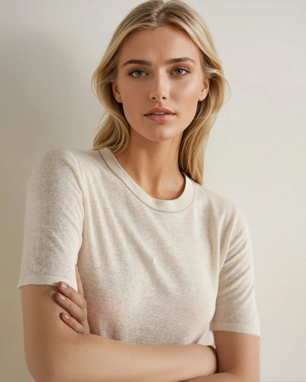 N.Peal Women's Linen Blend Round Neck Top New Ivory White