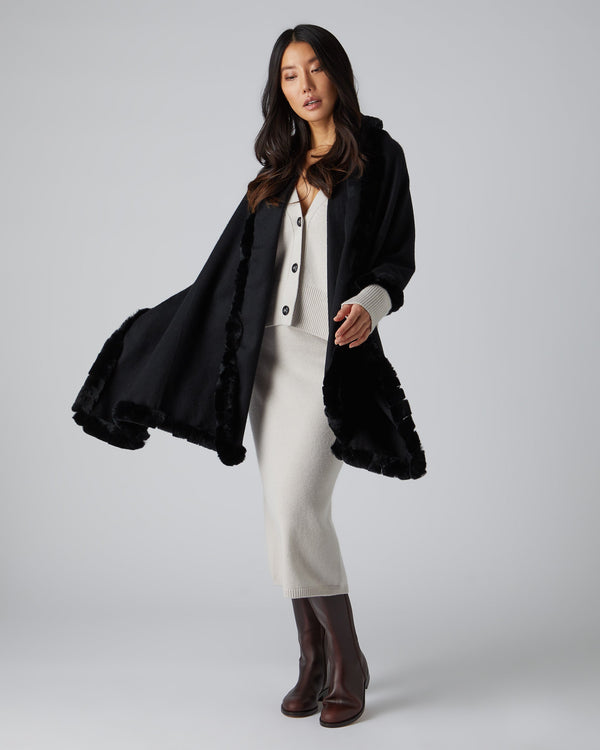 N.Peal Women's Meribel Woven Fur Trim Cashmere Shawl Black