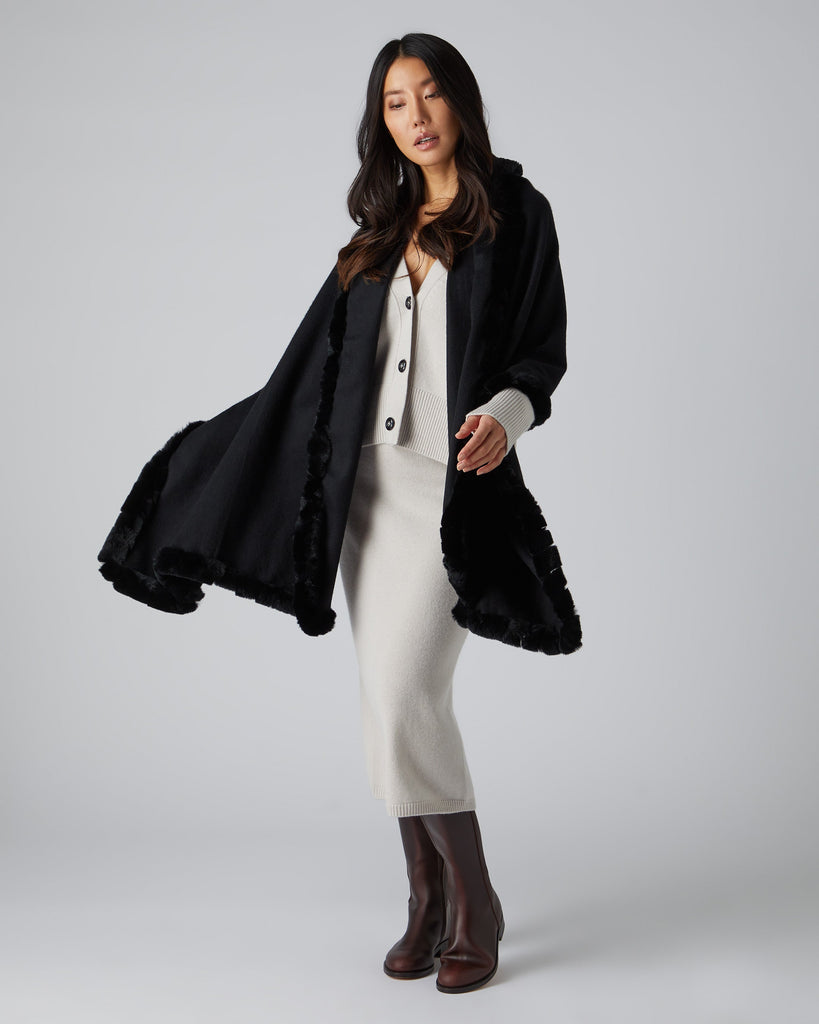 Women s Fur Trim Woven Cashmere Shawl Black N.Peal
