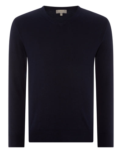 N.Peal Men's Conduit Fine Gauge Cashmere V Neck Jumper Navy Blue