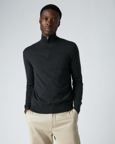 N.Peal Men's Regent Fine Gauge Cashmere Half Zip Jumper Dark Charcoal Grey