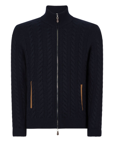 N.Peal Men's Richmond Cable Cashmere Cardigan Navy Blue