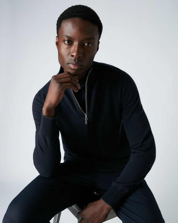 N.Peal Men's Carnaby Half Zip Cashmere Jumper Navy Blue