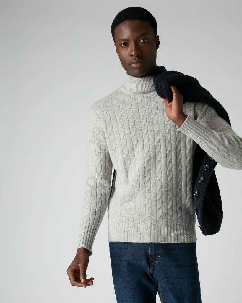 Cable knit roll top neck mens
