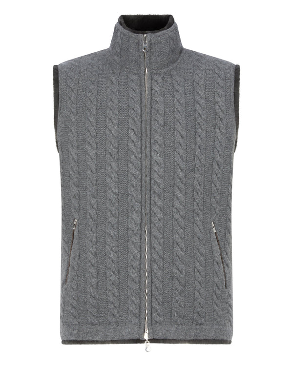 N.Peal Men's Cable Fur Lined Gilet Elephant Grey