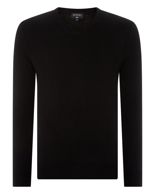 N.Peal 007 Fine Gauge Cashmere V Neck Jumper Black