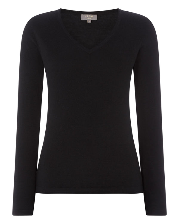 N.Peal Women's Superfine V Neck Cashmere Jumper Black