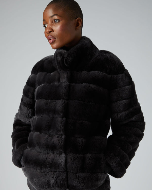 N.Peal Women's Rex Fur Ribbed Jacket Grey